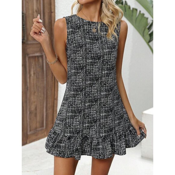 Black White Tweed Sleeveless Mini Dress Flared Plazacore Business Minimalist - Picture 1 of 2